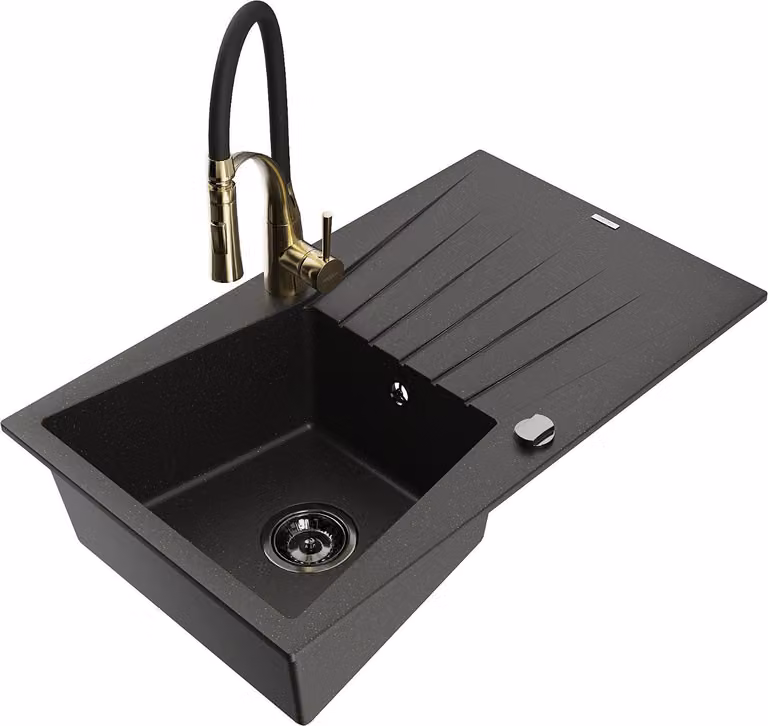 Mexen Cesar lavello in granito a 1 vasca con sgocciolatoio e rubinetto da cucina Aster, nero/oro metallizzato