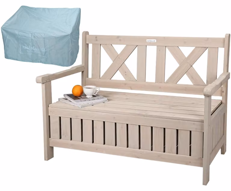 Panca da giardino - Panca a cassa in legno di abete massiccio - Grigio-beige - 115 x 58 x 85 cm - Con contenitore e copertura