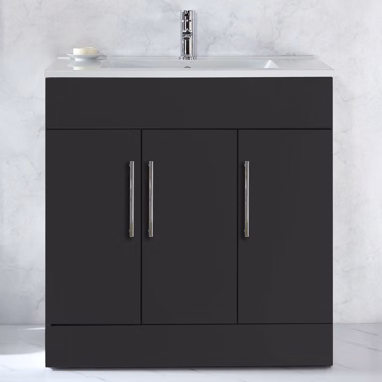 Mobile Bagno a Terra Grigio Nero da 810mm con Lavabo e Maniglie con Barra a T Cromate - Cluo