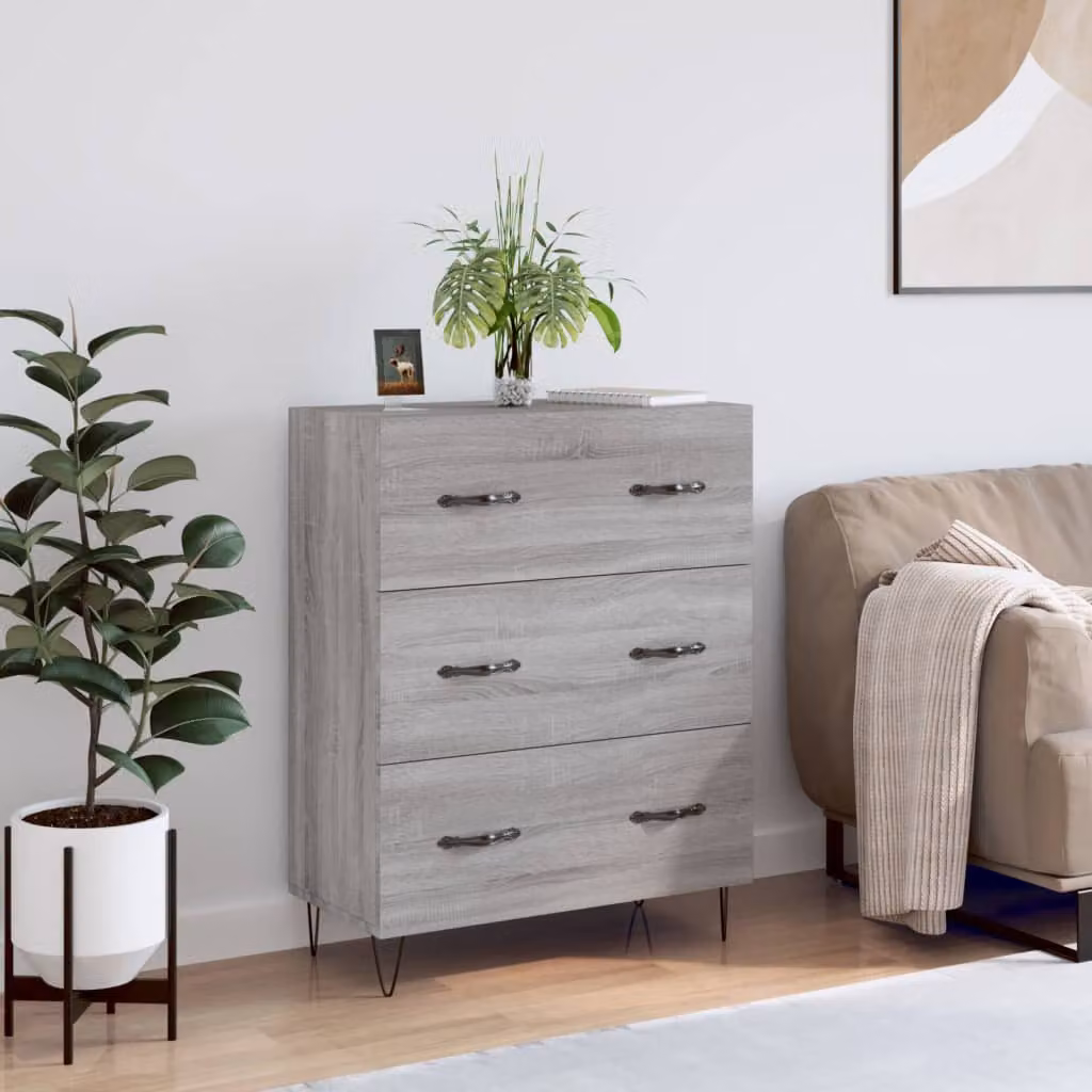 Credenza vidaXL in legno multistrato e metallo, Grigio Sonoma, L: 69,5 cm, P: 34 cm, H: 90 cm