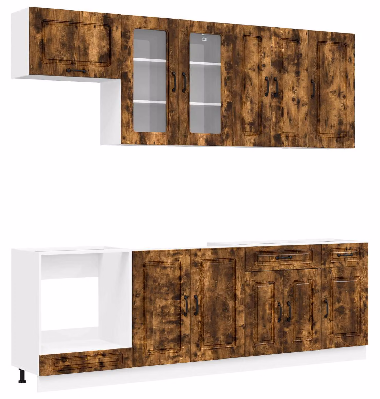 Set da cucina KALMAR, 8 pezzi, realizzato in legno impiallacciato di quercia affumicata