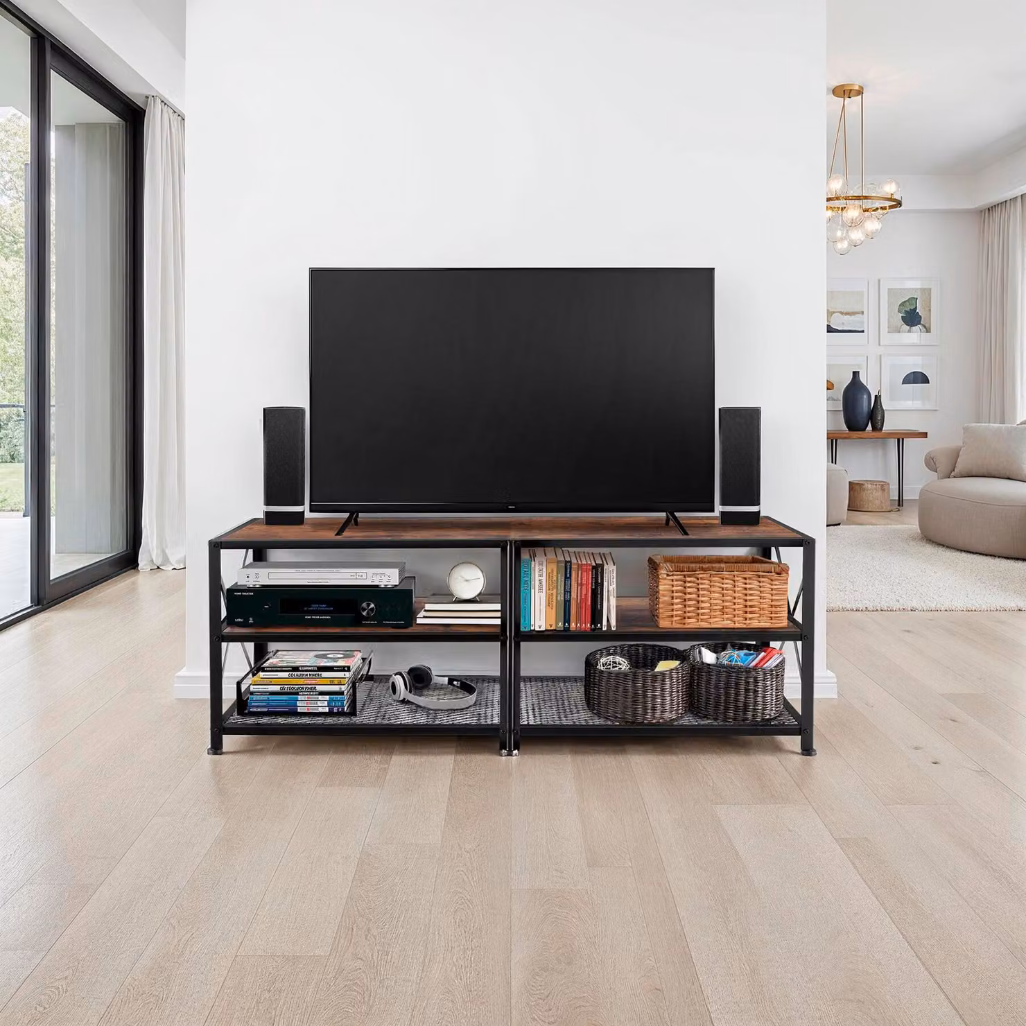 Mobile basso tectake in stile industriale color marrone con finitura opaca, L: 141 cm, P: 41,5 cm, H: 50,5 cm – 3