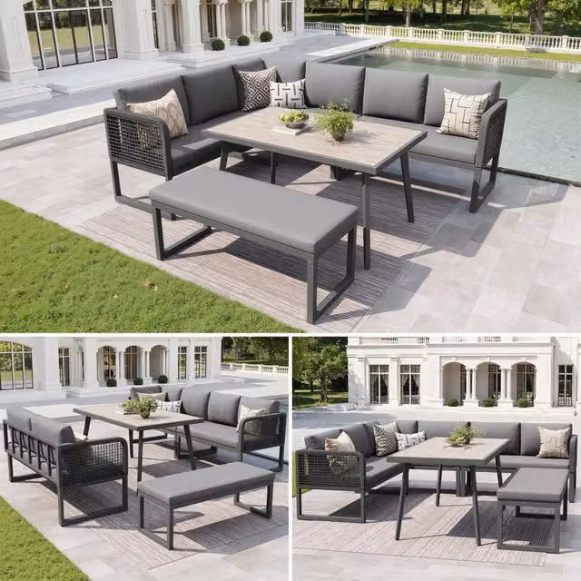 Set mobili da giardino Komhtom in polyrattan grigio con divano a 2 posti, tavolino da caffè e cuscini inclusi per terrazzo e balcone