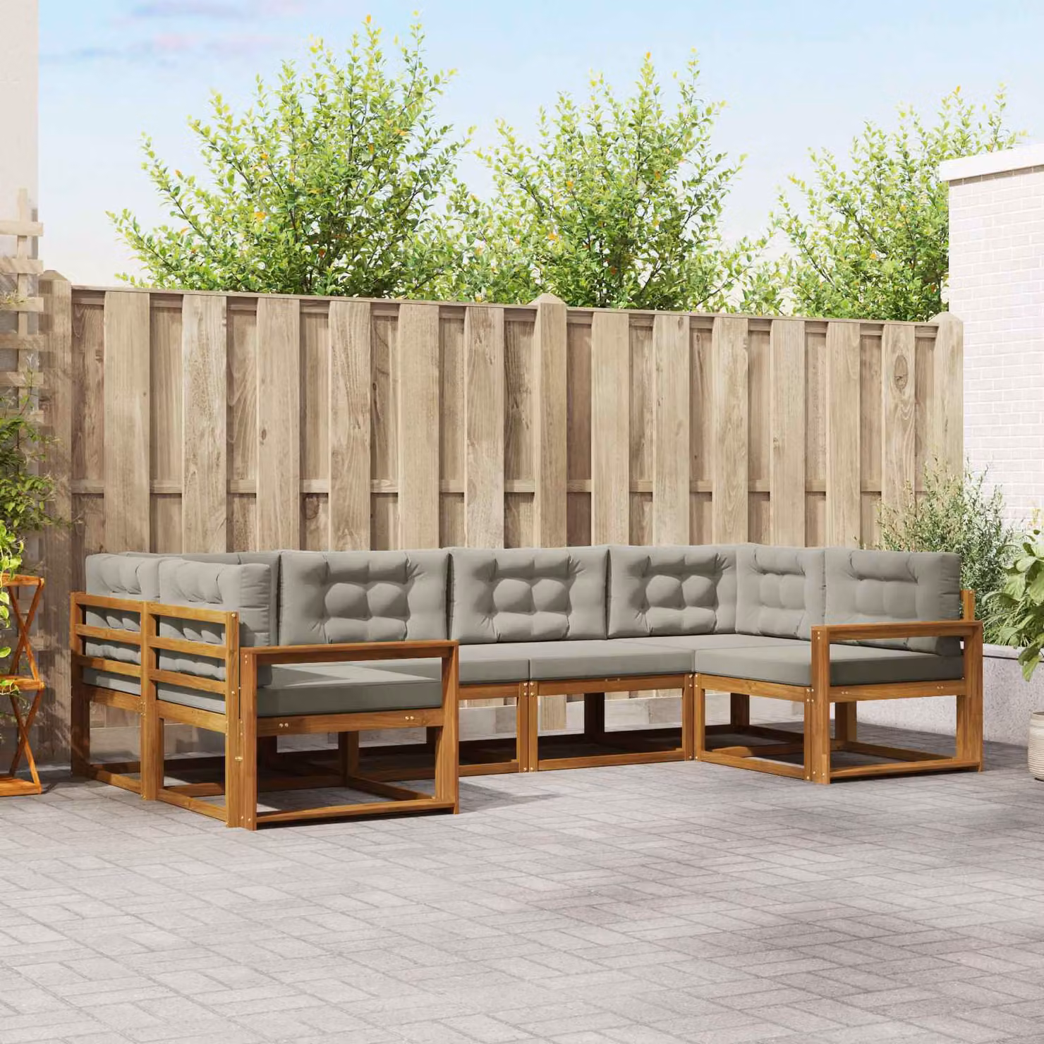 Set di divani da esterno vidaXL a forma di L composto da 6 pezzi in legno di acacia con cuscini, colore grigio e marrone