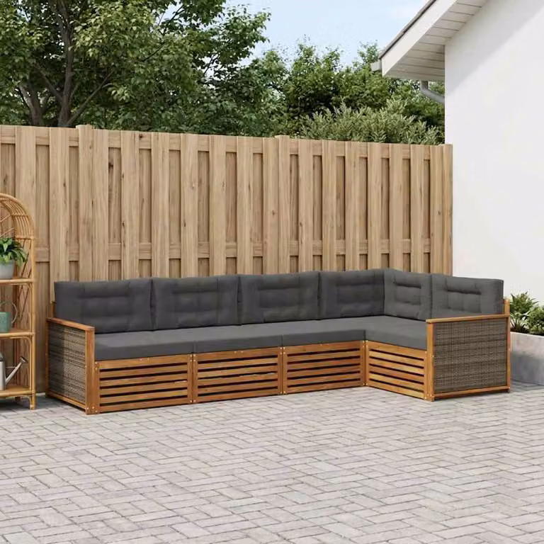 Set di divani da esterno vidaXL a forma di L composto da 5 pezzi in legno di acacia con cuscini in tessuto beige e antracite
