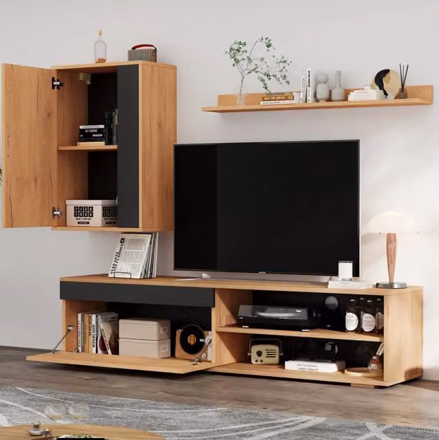Set mobile TV da parete MODFU in 3 pezzi, larghezza 140 cm, in MDF effetto legno e nero opaco