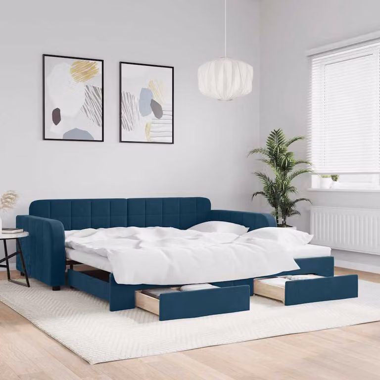 vidaXL Divano Letto Estraibile in Velluto Blu con Cassetti L/P/H: 100 x 200 cm