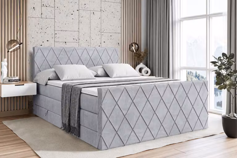 Letto boxspring ALTDECOR con materasso e rete a doghe - LEPARO -Z KING - 140x200 cm - Grigio Monolith - Coprimaterasso, pediera, letto imbottito con contenitore, letto con vano portaoggetti H3 e H4 - Materasso, letto matrimoniale, letto boxspring