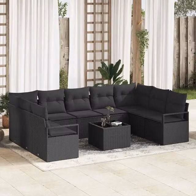 Set Divano da Giardino vidaXL a Forma di L con Tavolino, 10 Pezzi, Nero – 1