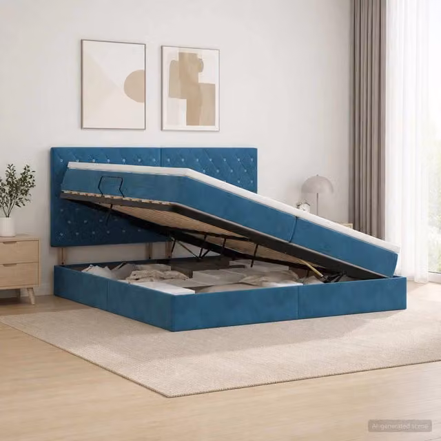 Letto matrimoniale moderno vidaXL con contenitore a sollevamento, rivestimento in velluto blu, porta USB e illuminazione sottostante, L/P/H: 200 x 200 x 140 cm – 1