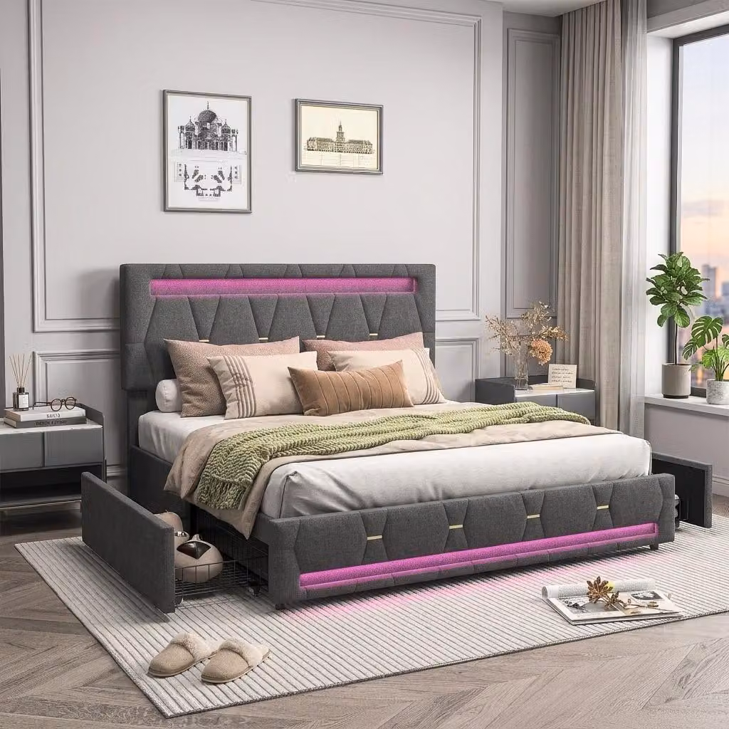 Letto imbottito INONEFT, 140 x 200 cm, letto matrimoniale con 4 cassetti, letto per ragazzi con illuminazione LED, letto contenitore, letto multifunzionale, tessuto: lino, colore: grigio
