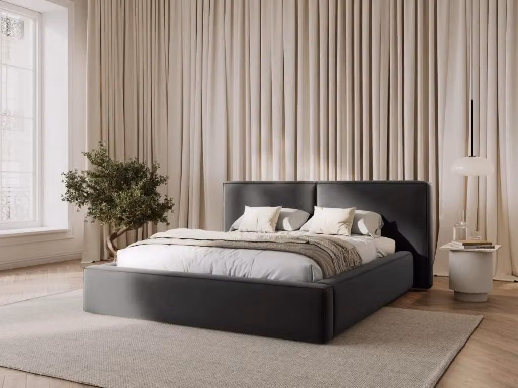 Letto con cassettone e testiera doppia Arendal di Cosmopolitan Design in velluto grigio chiaro L/P/H: 160 x 200 cm – 2