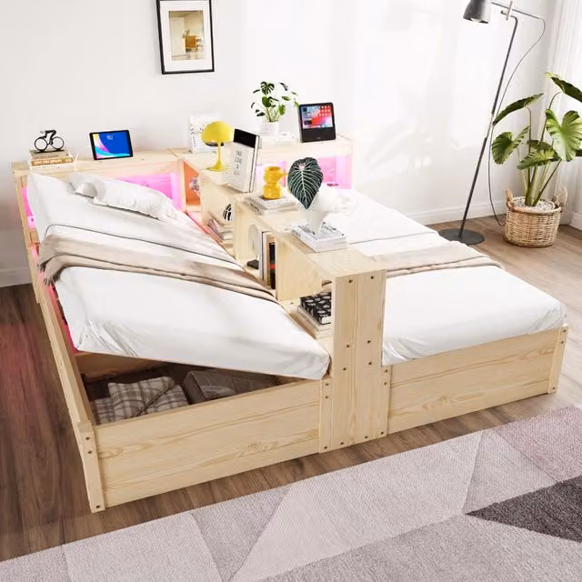 Divano letto 90/180x200 cm in legno naturale con luci LED e prese integrate
