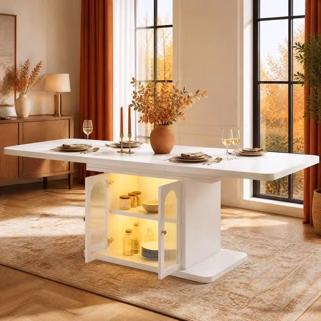 Tavolo da pranzo allungabile con vani contenitore e LED regolabili, stile scandinavo, in MDF bianco, 150/200 × 80 cm