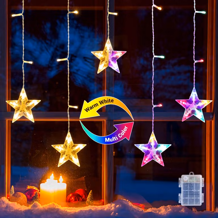 Tenda luminosa a forma di tenda con stelle per finestre, decorazione natalizia, 8 modalità e funzione timer