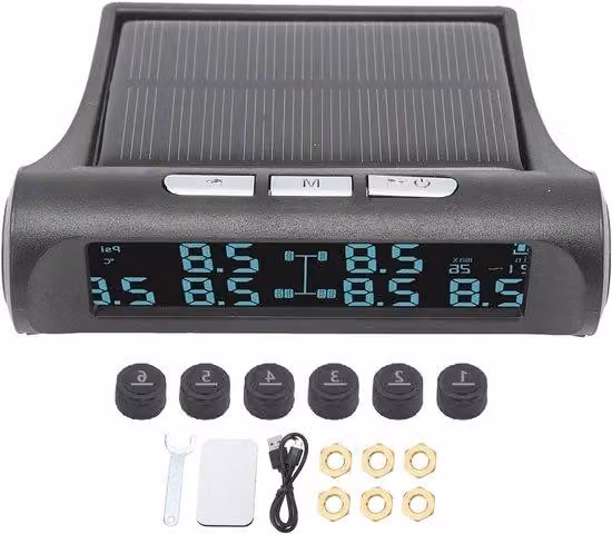 Sistema di controllo della pressione dei pneumatici con display LCD – Per una guida sicura – Alimentazione a batteria – 6 sensori – Colore: nero