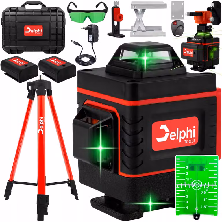 Delphi - Laser a linee incrociate - Livella laser - Laser a linee - Laser da cantiere - IP54 - Batteria ricaricabile da 3000 mAh
