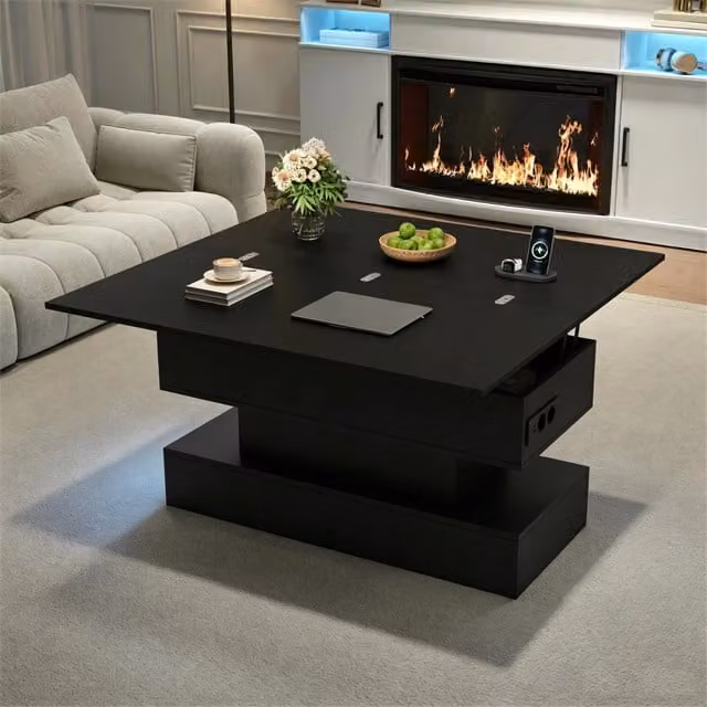 Tavolino da caffè multifunzione Minimal nero con struttura in legno e illuminazione LED L: 100 cm, P: 50 cm, H: 51.5 cm