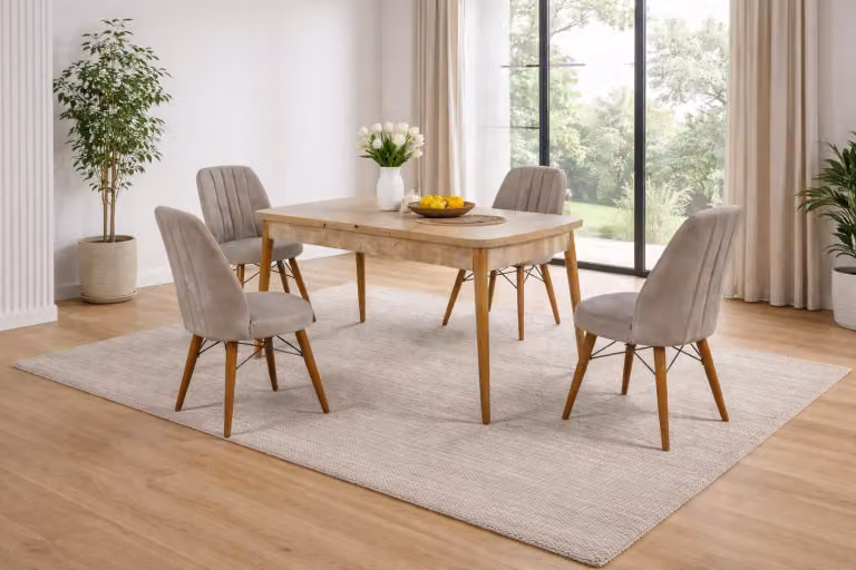 Tavolo da pranzo con 4 sedie, stile moderno, colore marrone, forma quadrata, confortevole