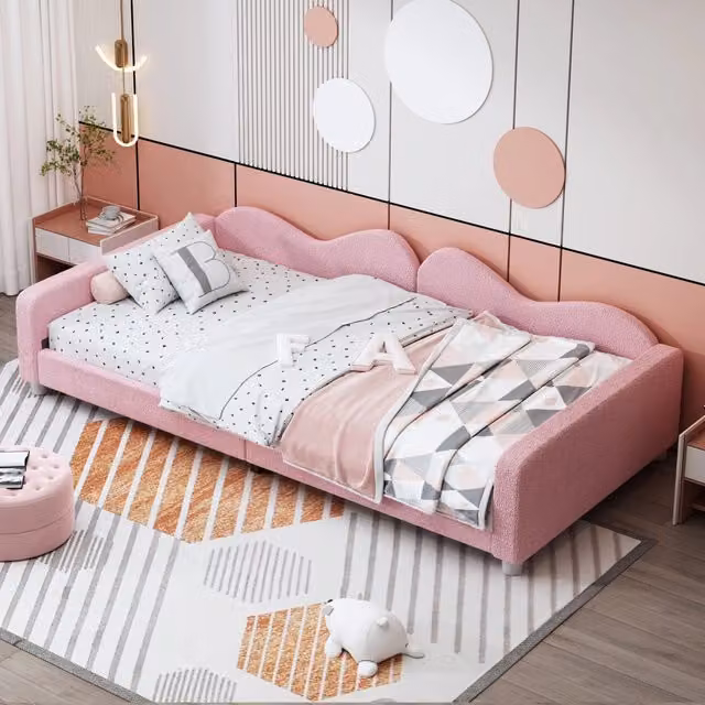Letto singolo imbottito in tessuto rosa per cameretta bambini con schienale e braccioli L/P/H: 200 x 90 x 95 cm