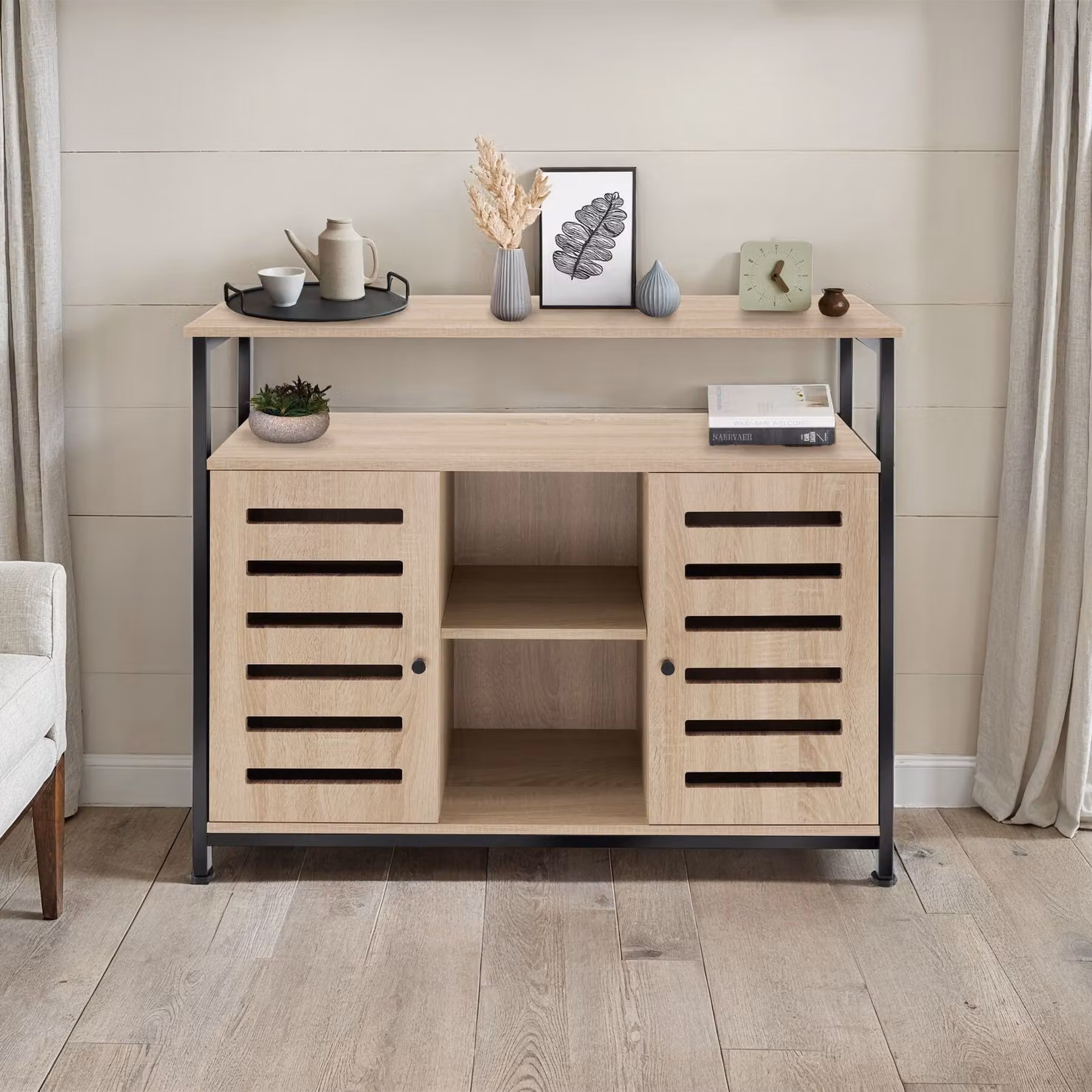 Credenza Warrington TecTake in stile industriale con finitura rovere e dettagli neri, L: 100 cm, P: 37 cm, H: 82 cm – 2