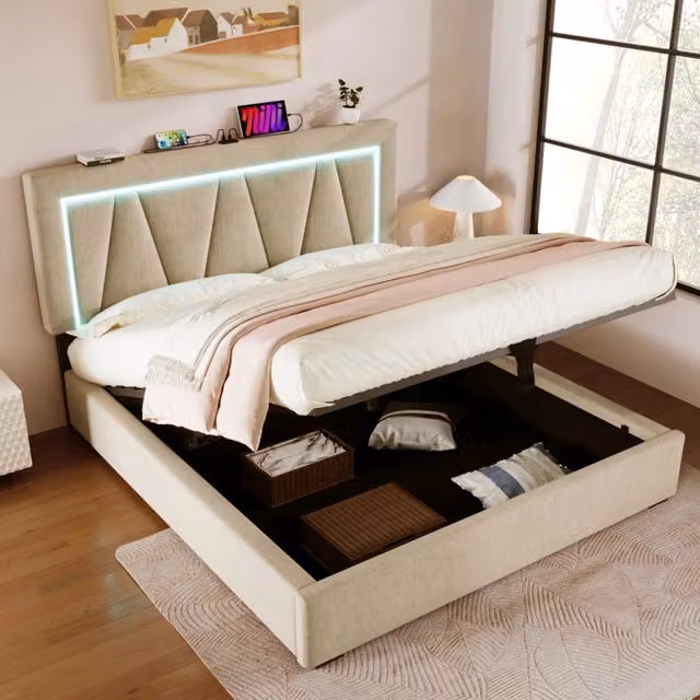 Letto contenitore matrimoniale OKWISH in lino beige con porte USB, Type-C e illuminazione LED, L/P/H: 140 x 200 x 47.2 cm – 1