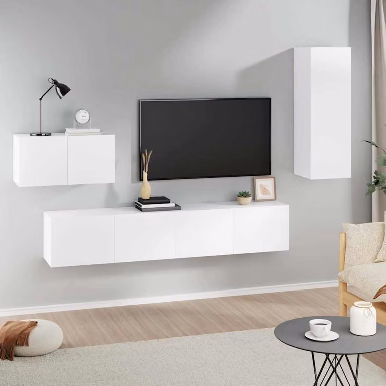 vidaXL Set di Mobili Porta TV 4 pz Bianco in Legno e MDF, Design Classico a Parete