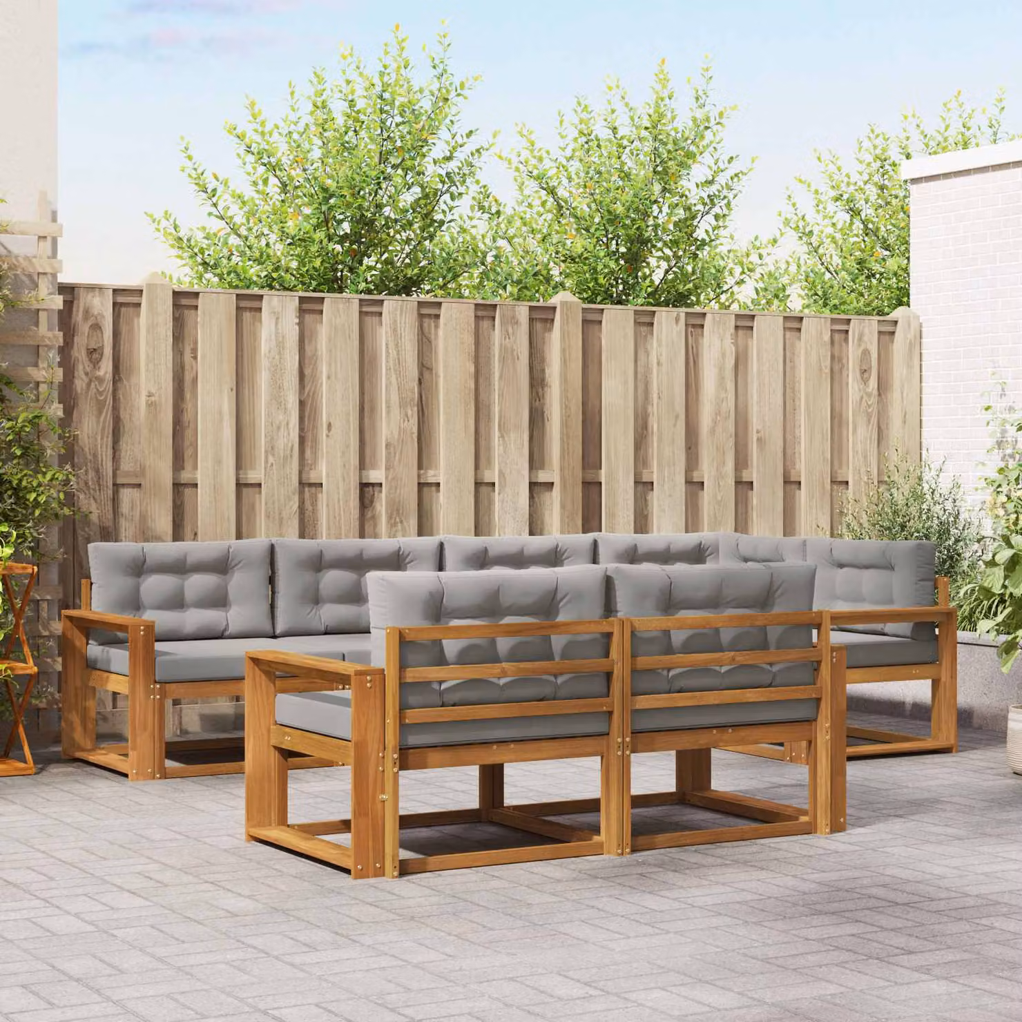 Set di divani da esterno vidaXL a forma di U in legno di acacia con cuscini, 8 pezzi, Marrone e Grigio Chiaro