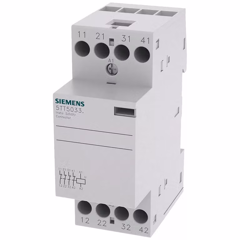 Contattore Siemens INSTA con 4 contatti in apertura per 230 V CA, 400 V, 25 A; alimentazione 24 V CA 5TT58332