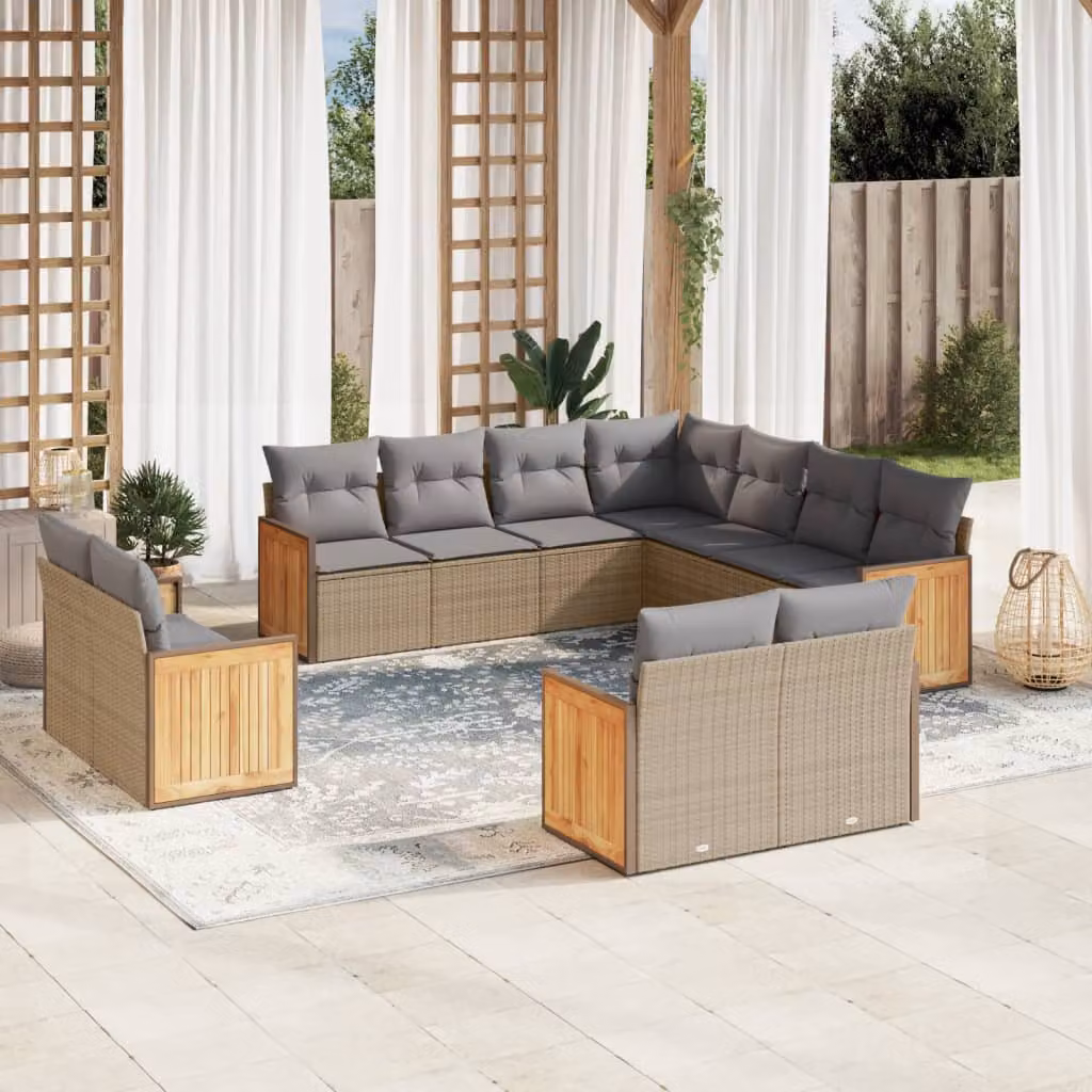 vidaXL Set Divani da Giardino a L 11 pz in Polyrattan e Legno di Acacia con Cuscini Beige e Grigio – 1