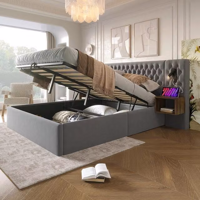 Letto con contenitore - Xylo - 160x200 cm - Grigio - 2 comodini luce lettura USB