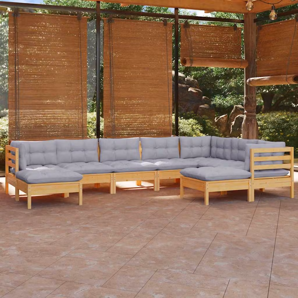Set di divani da giardino vidaXL a forma di L in legno massello di pino con cuscini grigi, 9 pezzi