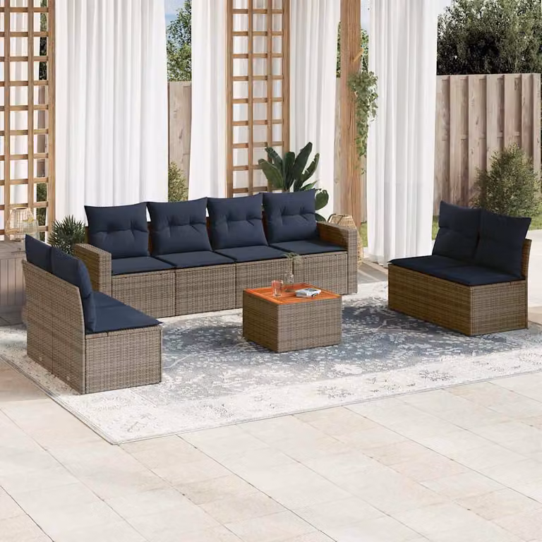 Set di divani da giardino vidaXL in polyrattan grigio con cuscini, tavolino e sedute a forma di U per esterno