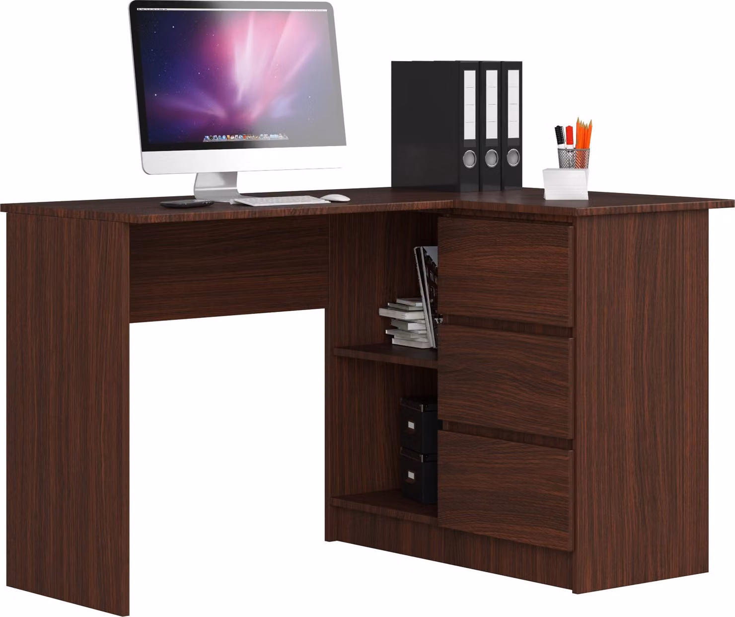 Scrivania angolare con tre cassetti, lato destro, dimensioni: altezza: 77 cm, larghezza: 124,5 / 85 cm, profondità: 45 / 48,5 cm