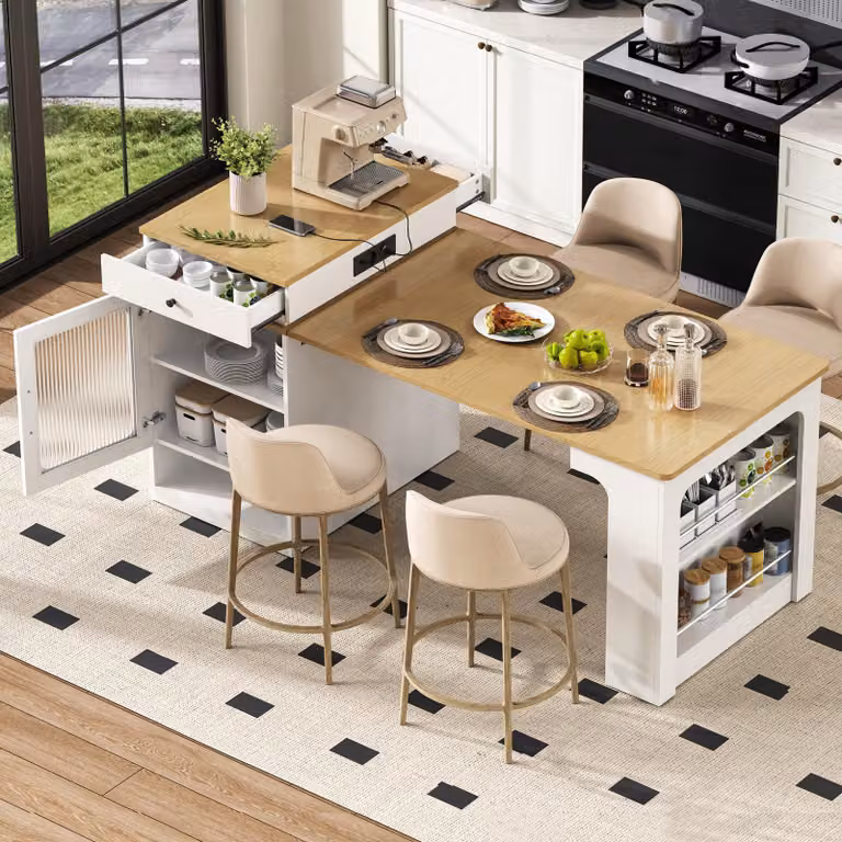 Flieks Tavolo da pranzo allungabile con piano rimovibile, tavolo da bar con presa multipla, tavolo da pranzo 71-151 x 80 x 92 cm, bianco