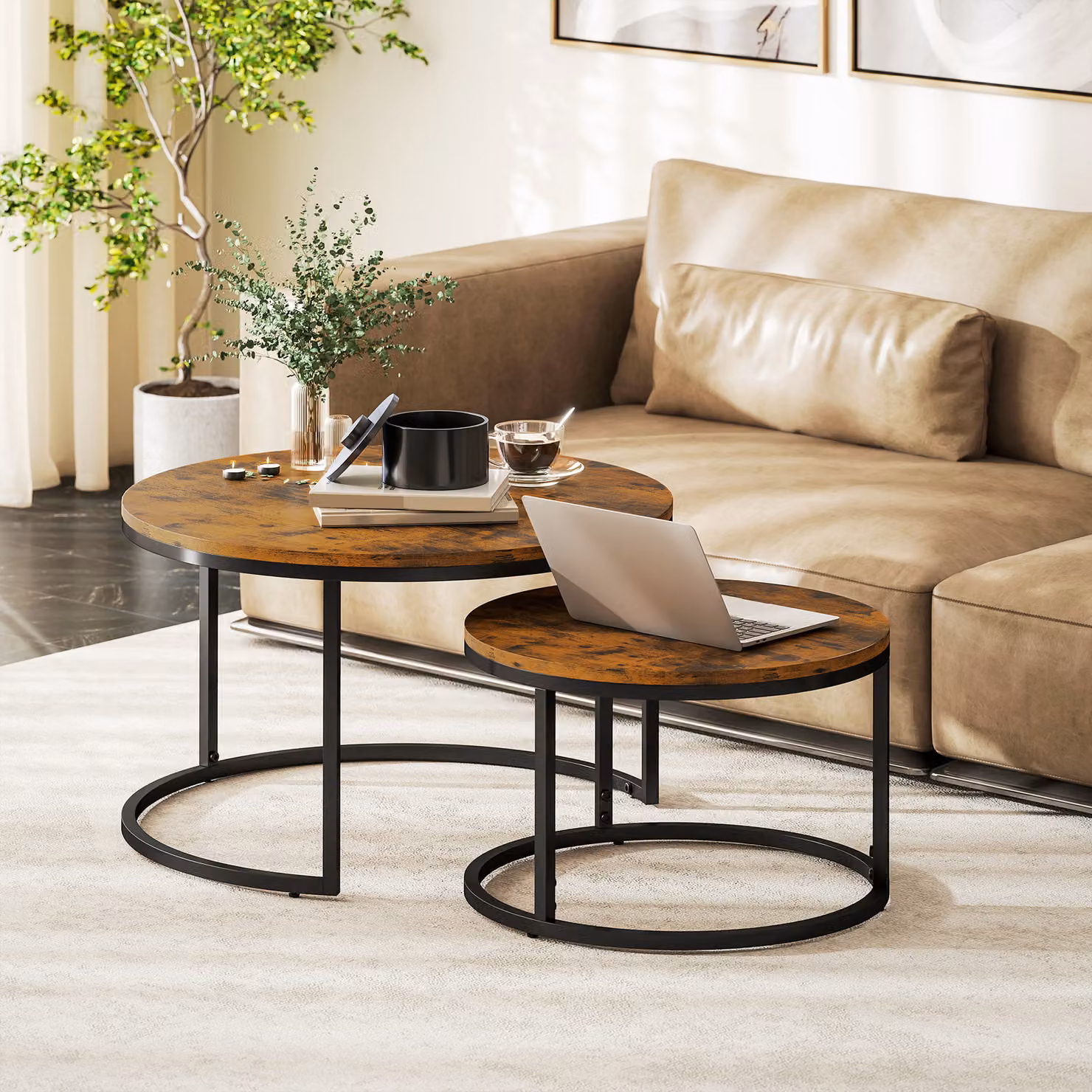 Set di 2 tavolini bassi componibili HOMCOM in stile industriale con piano effetto legno marrone e gambe in metallo nero – 2