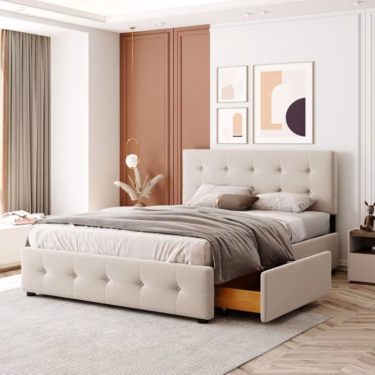 STILVORA Letto matrimoniale 140x200 con testiera imbottita e rete a doghe, struttura con 4 cassetti, letto per ragazzi con design a bottoni, senza materasso, beige