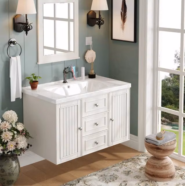 Mobile bagno sospeso con lavabo in ceramica; cassetti e vano contenitore; 78;5x46x46;8 cm bianco