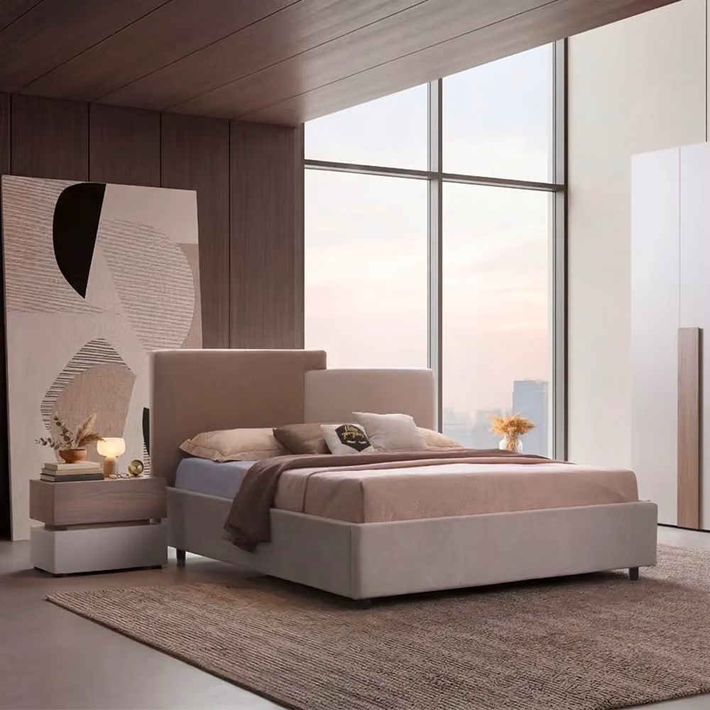 Completa la tua camera da letto con il set Malena moderno composto da letto contenitore con base a sollevamento e armadio a 6 ante, disponibile in colore grigio chiaro e finitura Vanguard con struttura imbottita in tessuto. – 2