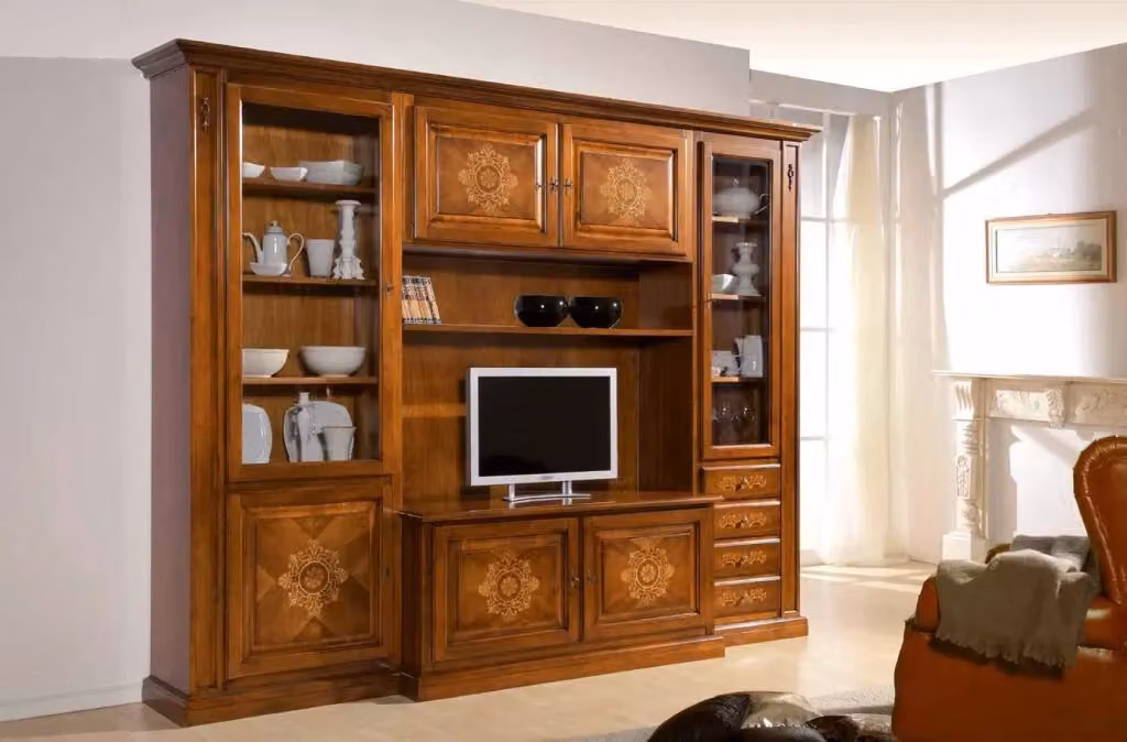 Parete attrezzata porta TV Mobili 2G in legno di pino color marrone con ante in vetro e scaffali aperti L: 298 cm, P: 56 cm, H: 237 cm – 2