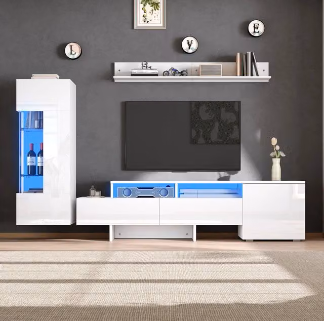 Set mobili soggiorno TV 3 pezzi bianco lucido con LED, armadio TV fino a 70'', ante in acrilico e ripiani in vetro