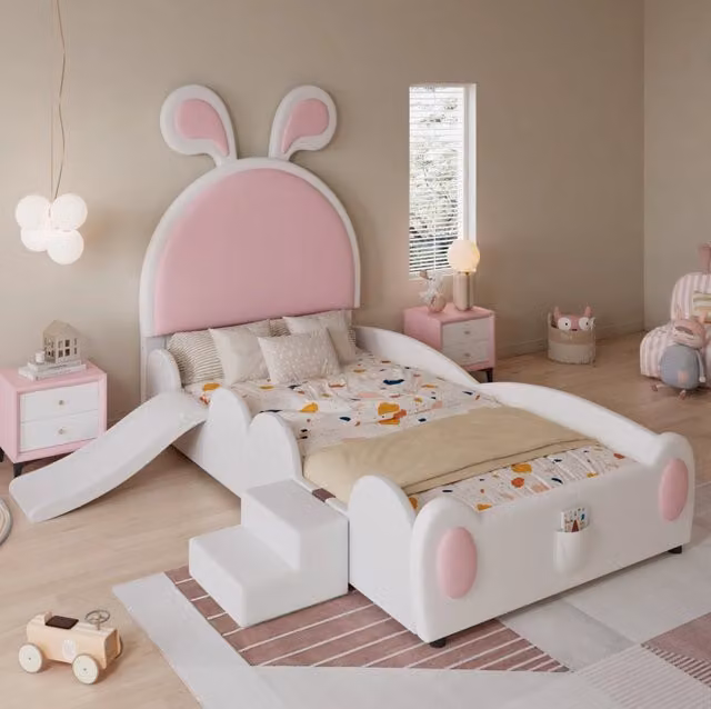 Letto imbottito per bambini con scivolo, scaletta e orecchie da coniglio, 90x200 cm