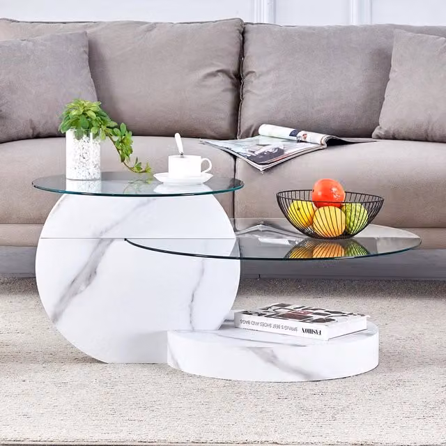 Tavolino da Caff¨¨ in Vetro Temperato e MDF ¨C MINIMAL ¨C Effetto Marmo Bianco, Design Moderno