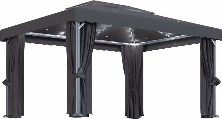Gazebo con Tende e Stringa di Luci LED 4x3 m Antracite