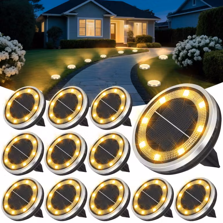 Luci da giardino solari, 12 pezzi, luce bianco caldo, impermeabili, a forma di disco