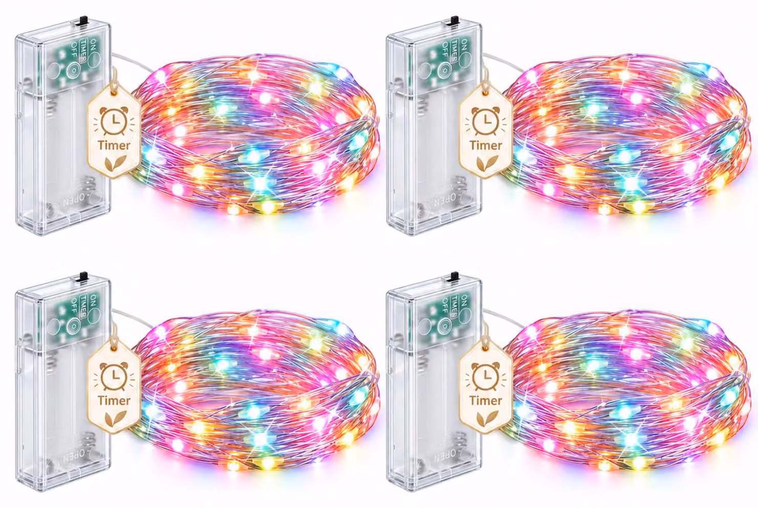 Catena luminosa a LED, confezione da 4 pezzi, lunghezza 1 metro, 10 LED, con timer, multicolore, filo di rame