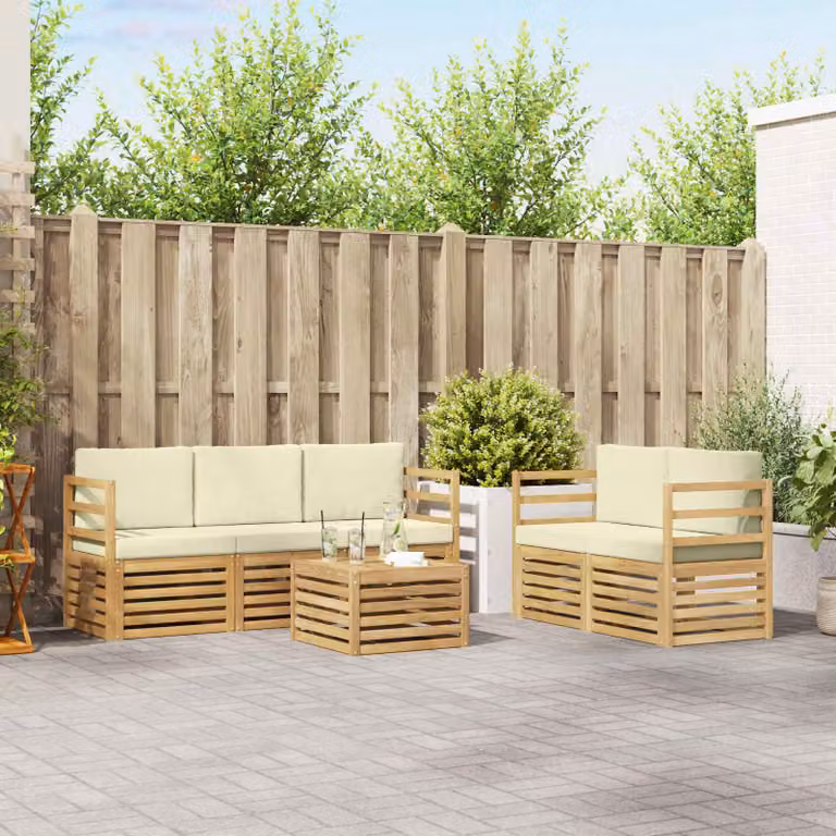 Set di divani da esterno a L vidaXL in legno di acacia con tavolo da caffè, 6 pezzi, Bianco e Beige
