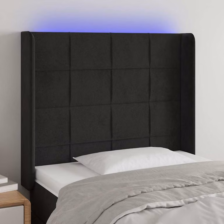 Testiera per letto vidaXL in velluto nero con illuminazione LED integrata e porta di ricarica USB, L 93 cm, P 16 cm, H 118-128 cm