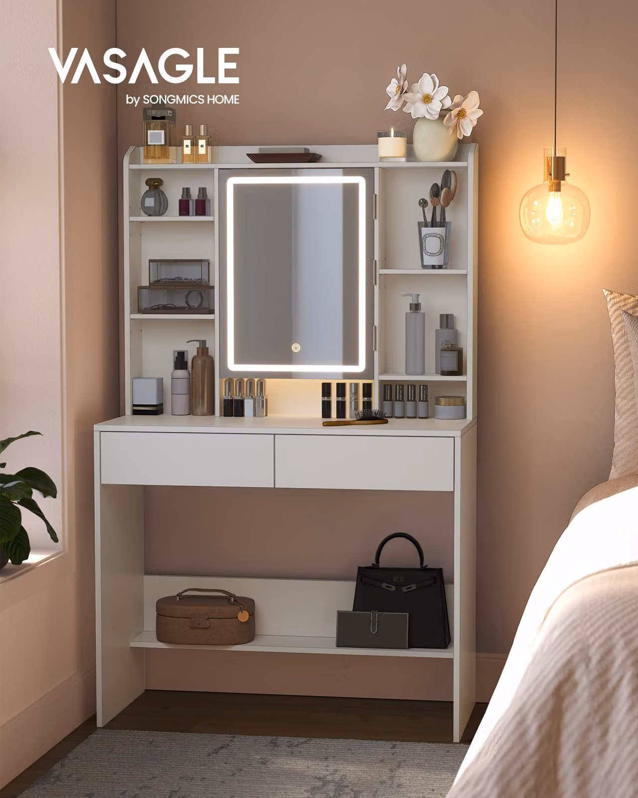 VASAGLE, tavolino da toilette con illuminazione a LED, 3 colori con luminosità regolabile