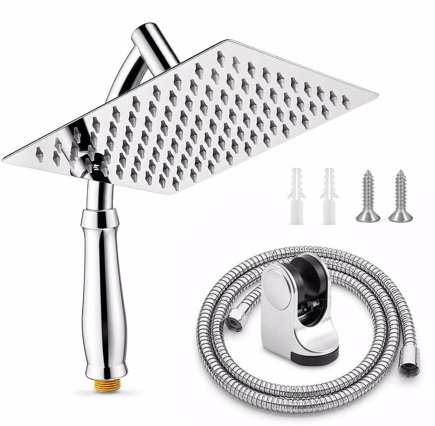 Testina doccia a pioggia, acciaio inossidabile, 20 cm, alta pressione, soffione manuale orientabile a 360°, set completo